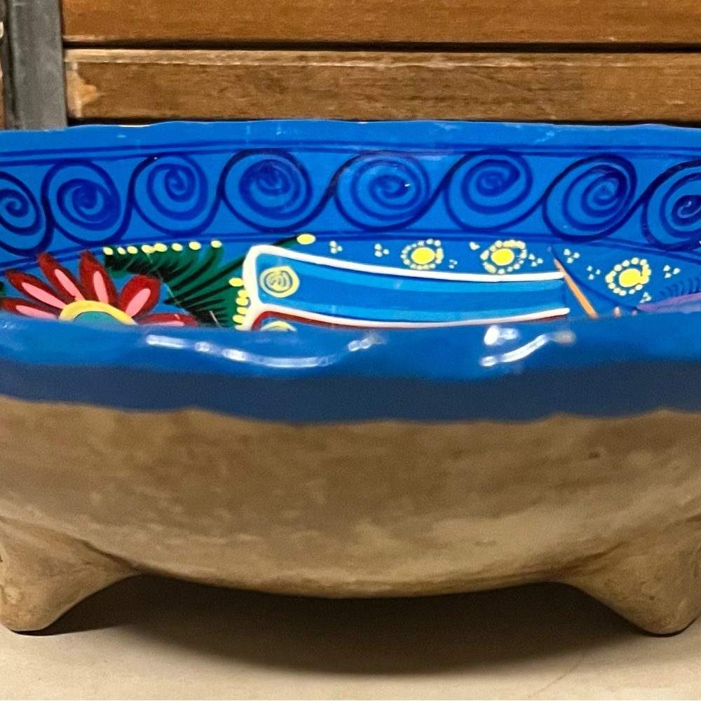 Mexican Talavera Tripod Bowl | Blue 3-Legged Pottery | Birds & Flowers